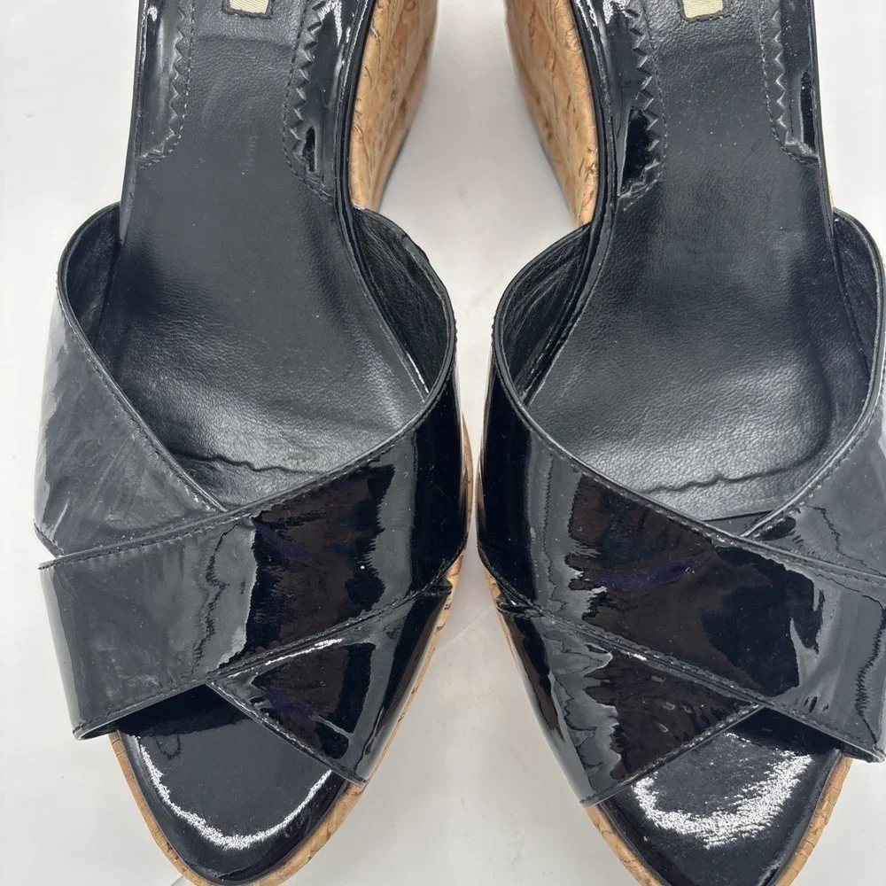 Via Spiga Black Patent Leather Espridalle  Peep Toe Sandal Wedges Women Size 8